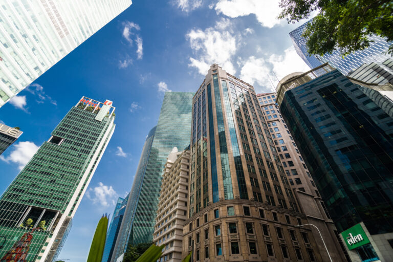 Modern office corporate building. Low angle view of skyscrapers in city of Singapore