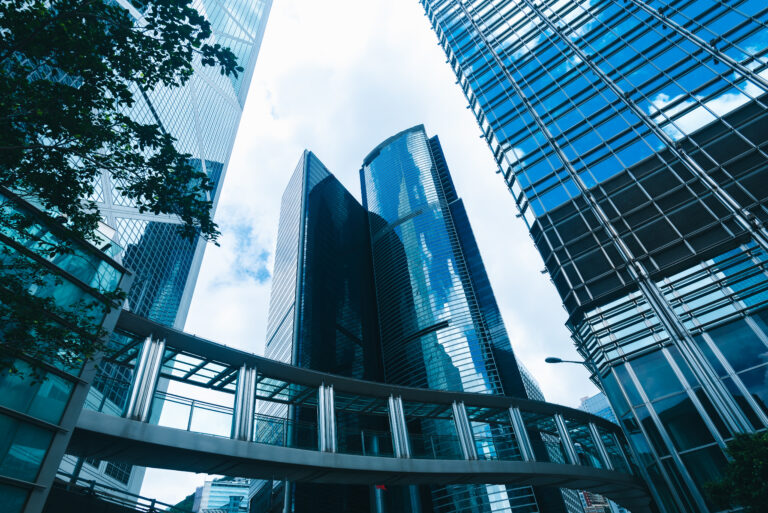 skyscraper building in Hong Kong, city view in blue filter